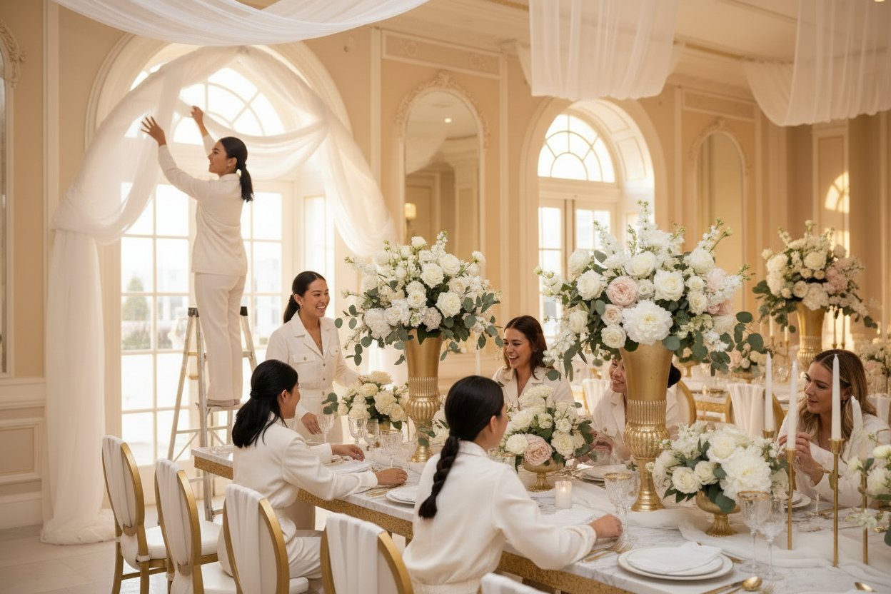 Casual Team Decorating Wedding Venue