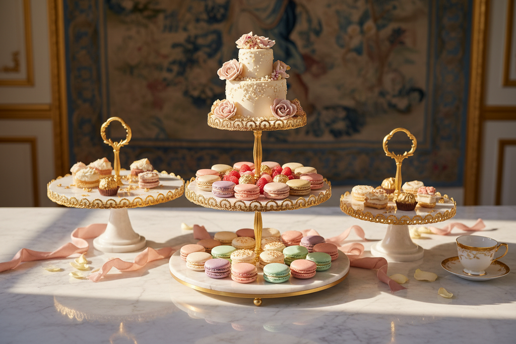 Bridgerton tiered cake and dessert stand with gold accents